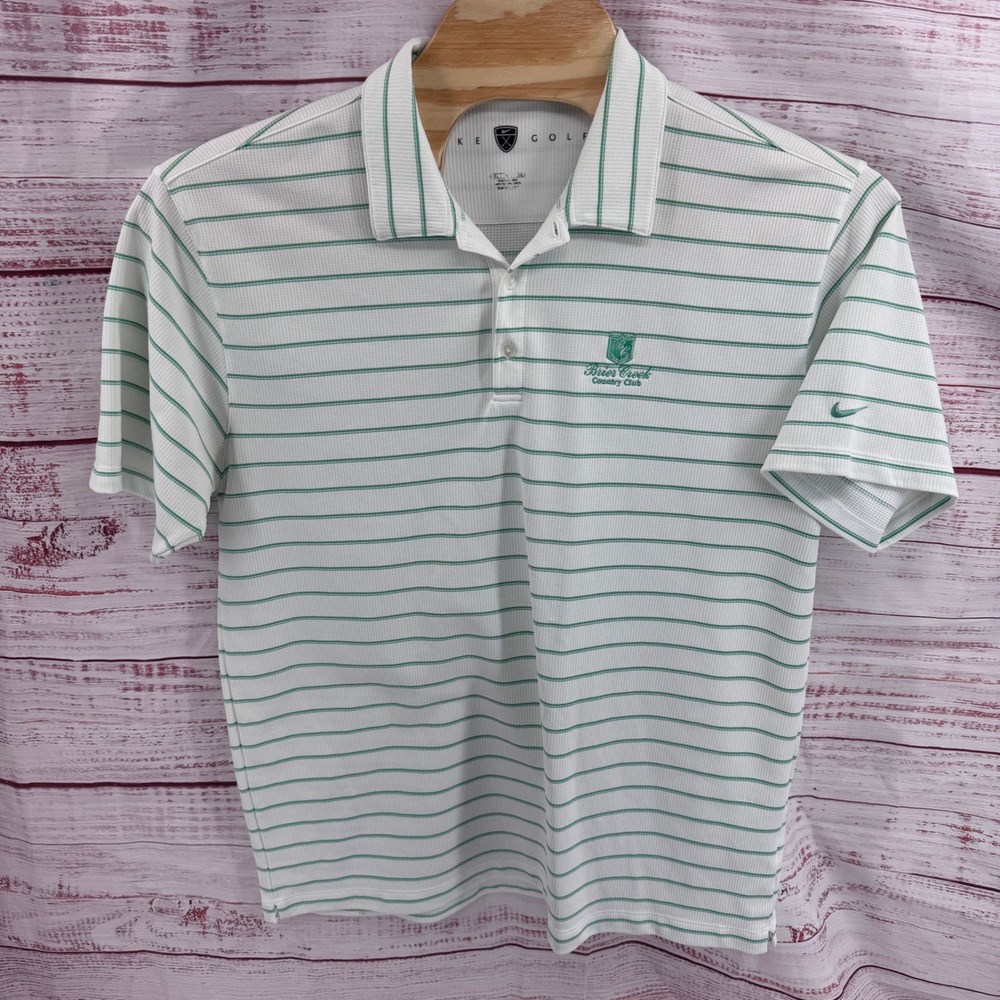 Nike Golf Polo Shirt Mens Large White Green Striped Brier Creek Country Club